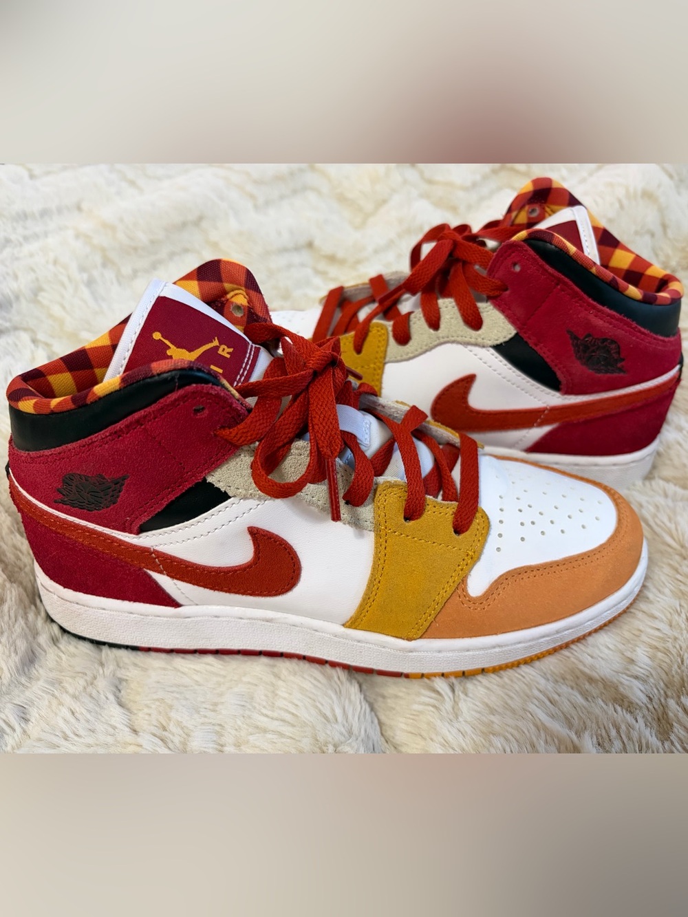 Nike Jordans Multi-Color Low-Top Sneakers in White, Red, Mustard & Tan